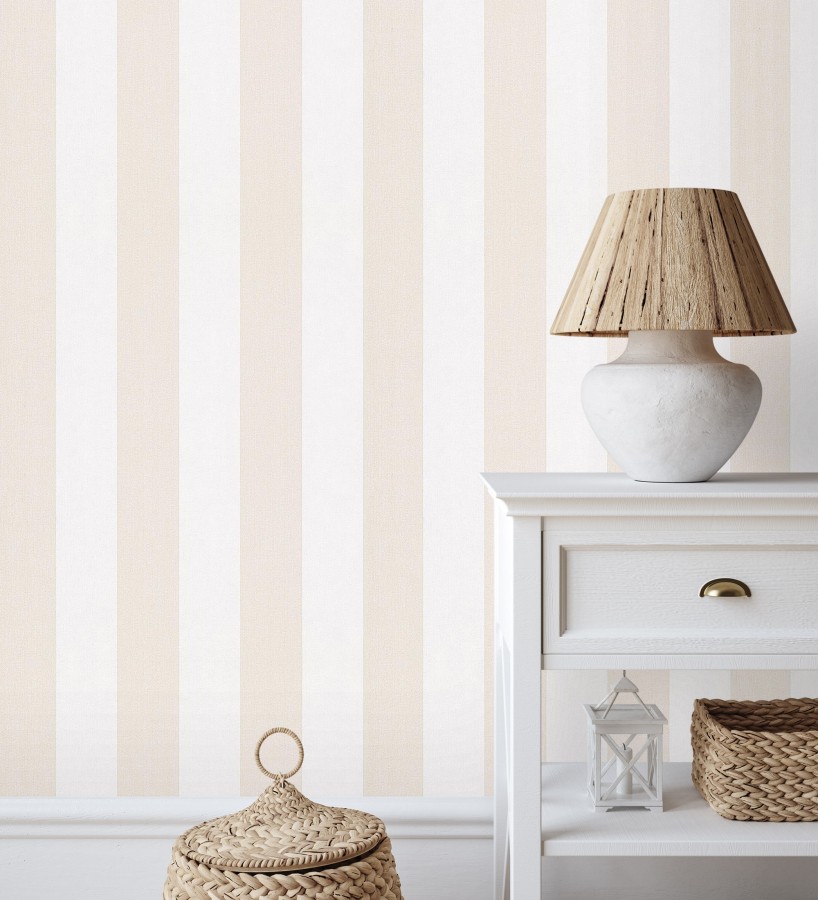 Papel pintado de rayas beige y blanca textura textil suave  Soren Stripe 685273