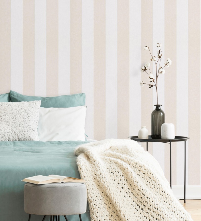 Papel pintado de rayas beige y blanca textura textil suave  Soren Stripe 685273
