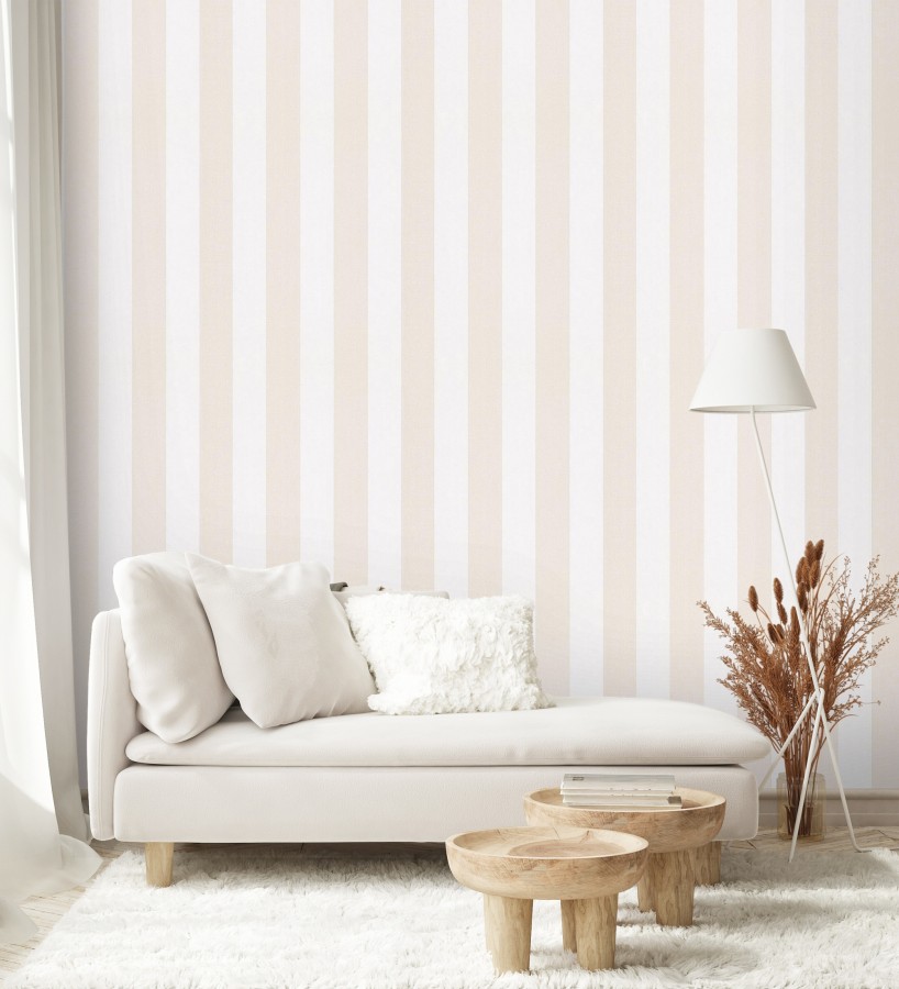 Papel pintado de rayas beige y blanca textura textil suave  Soren Stripe 685273