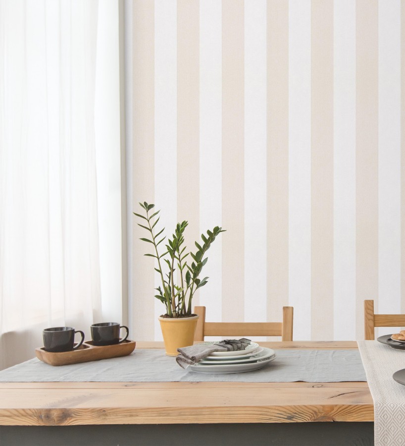 Papel pintado de rayas beige y blanca textura textil suave  Soren Stripe 685273