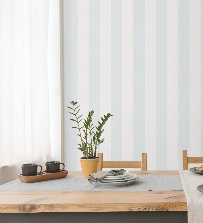 Papel pintado de rayas celeste y blanca textura textil suave  Soren Stripe 685274