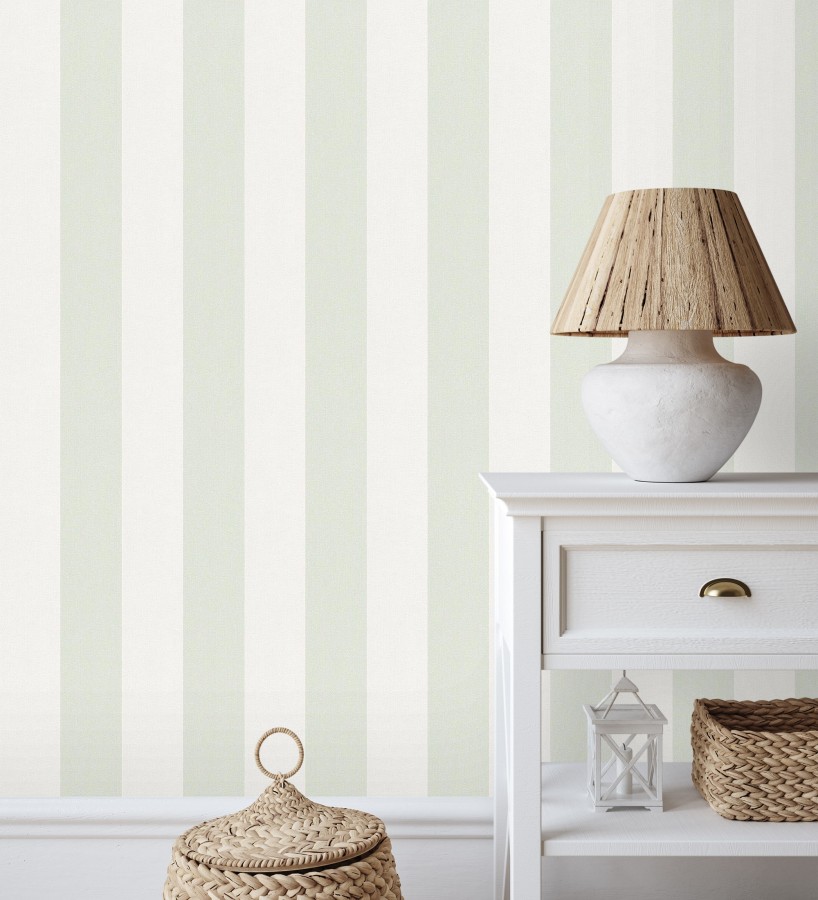 Papel pintado de rayas verdes y blanca textura textil suave  Soren Stripe 685275