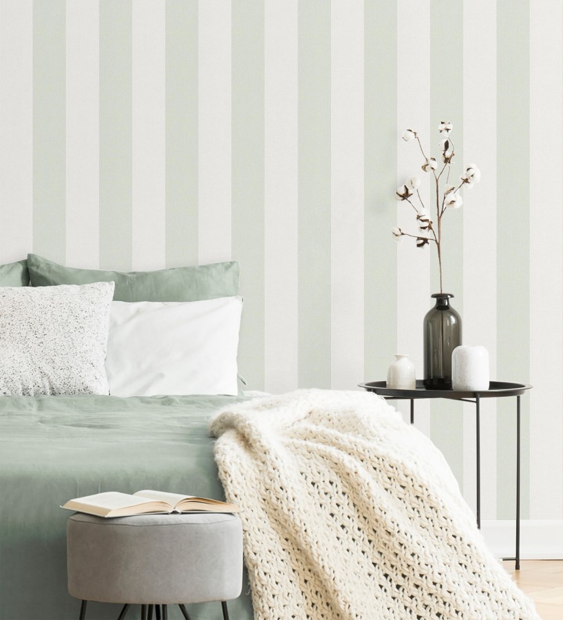 Papel pintado de rayas verdes y blanca textura textil suave  Soren Stripe 685275