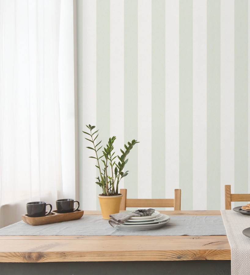Papel pintado de rayas verdes y blanca textura textil suave  Soren Stripe 685275