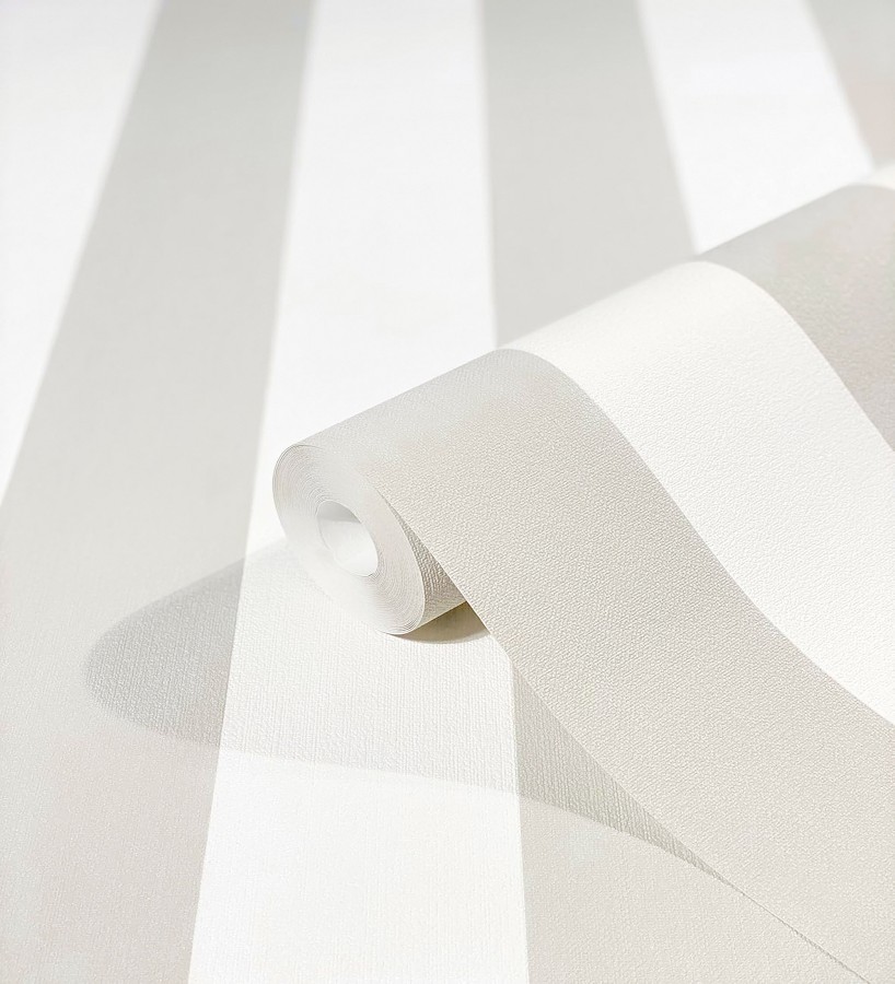 Papel pintado de rayas greige y blanca textura textil suave  Soren Stripe 685276