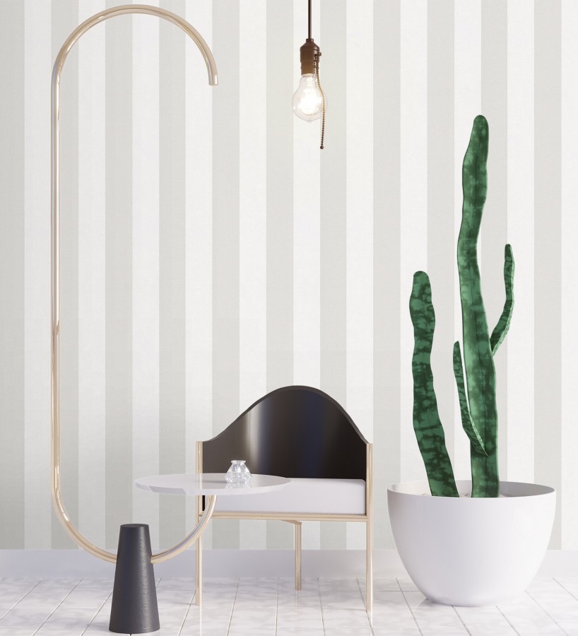 Papel pintado de rayas greige y blanca textura textil suave  Soren Stripe 685276