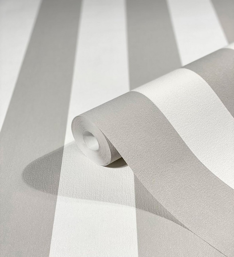 Papel pintado de rayas gris visón y blanca textura textil suave  Soren Stripe 685277
