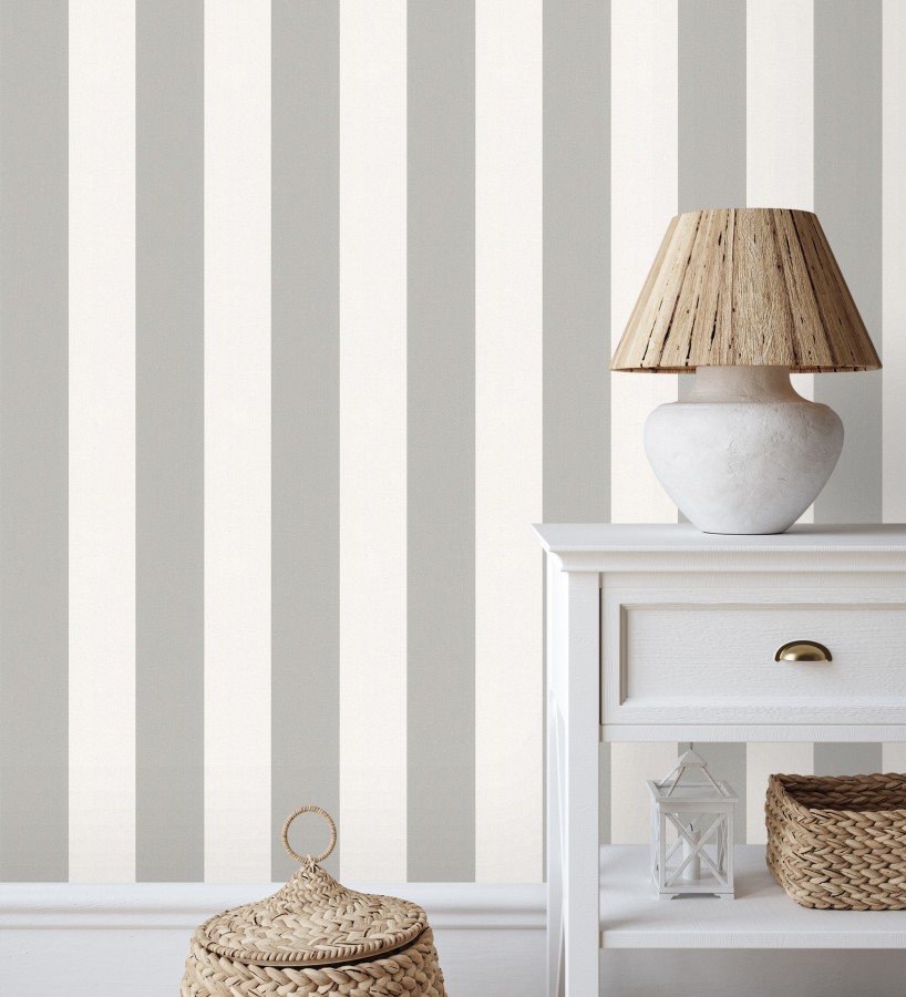 Papel pintado de rayas gris visón y blanca textura textil suave  Soren Stripe 685277