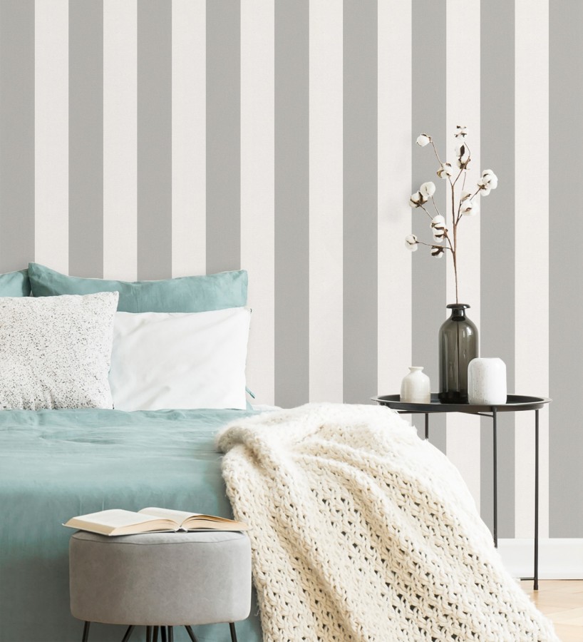 Papel pintado de rayas gris visón y blanca textura textil suave  Soren Stripe 685277