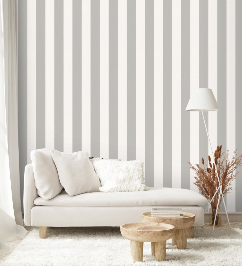 Papel pintado de rayas gris visón y blanca textura textil suave  Soren Stripe 685277