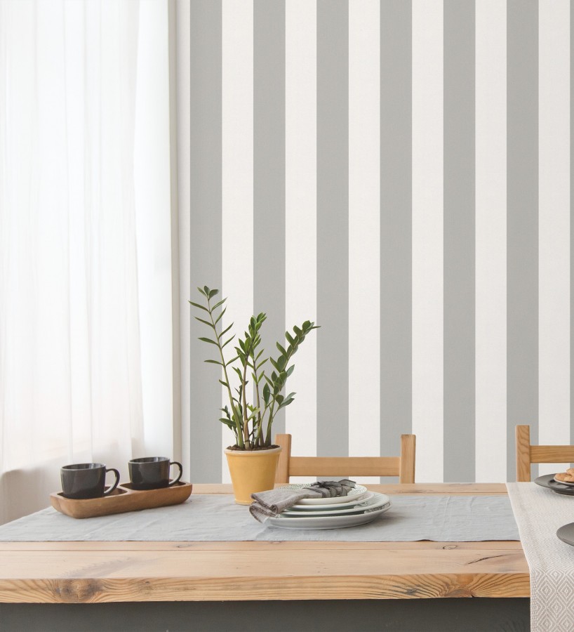 Papel pintado de rayas gris visón y blanca textura textil suave  Soren Stripe 685277