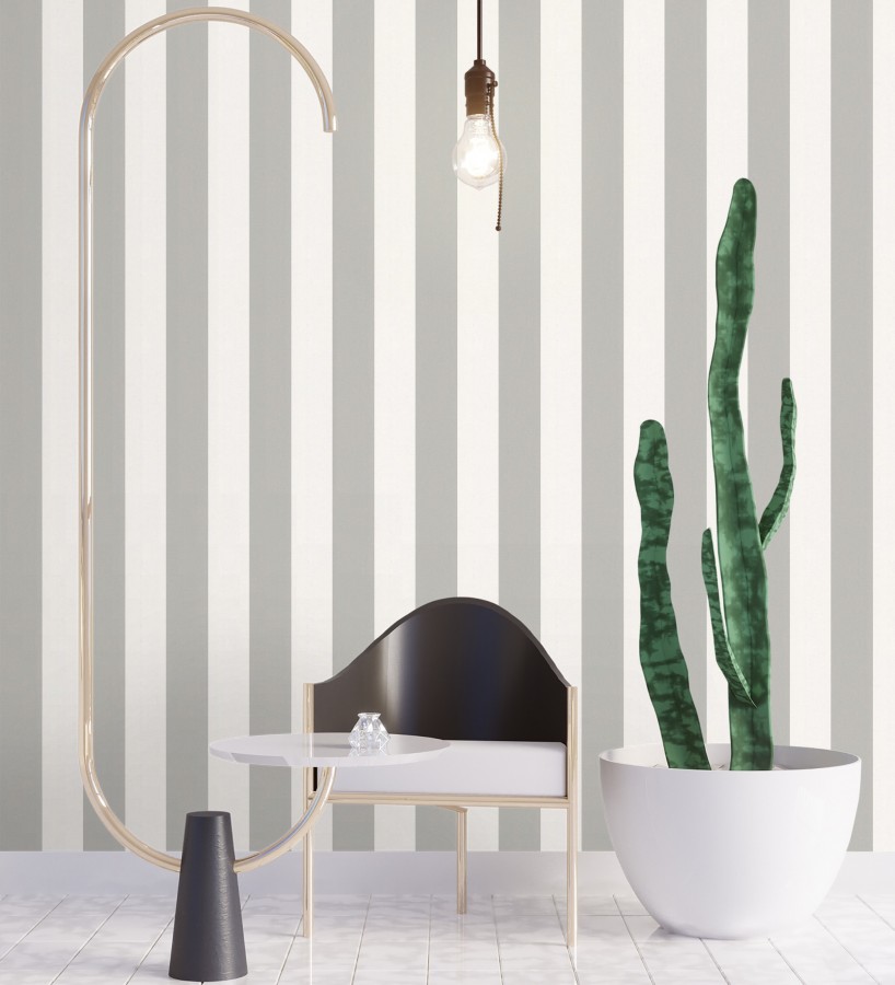 Papel pintado de rayas gris visón y blanca textura textil suave  Soren Stripe 685277