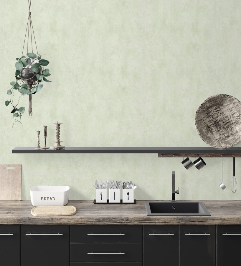 Papel pintado microcemento verde salvia estilo industrial  Mercer Clay 685279