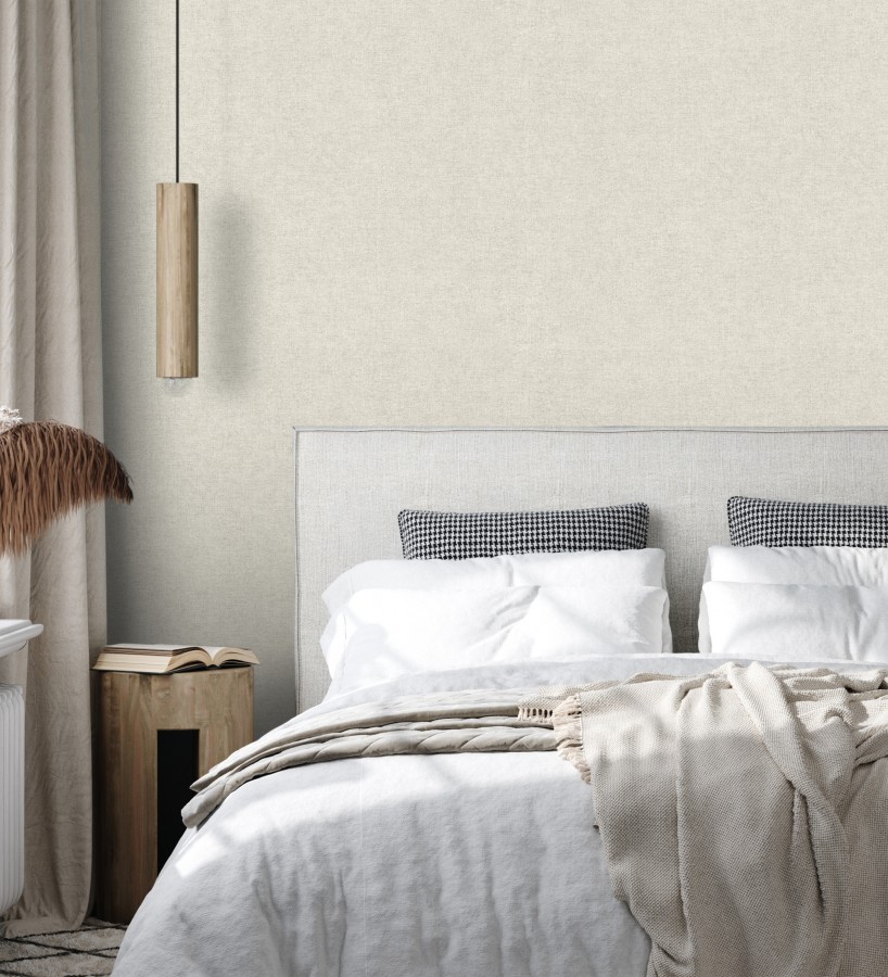 Papel pintado liso blanco pergamino efecto textil hilos de lino y algodón  Raffton Shadow 685292