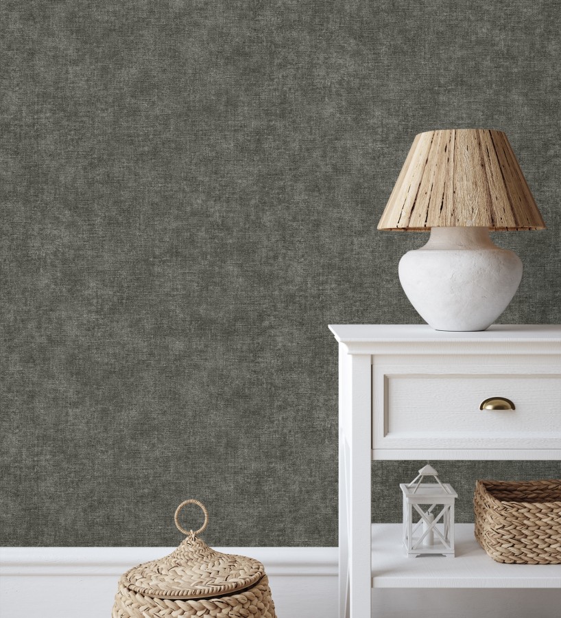 Papel pintado liso gris carbón efecto textil hilos de lino y algodón  Raffton Shadow 685299