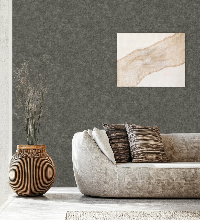 Papel pintado liso gris carbón efecto textil hilos de lino y algodón  Raffton Shadow 685299
