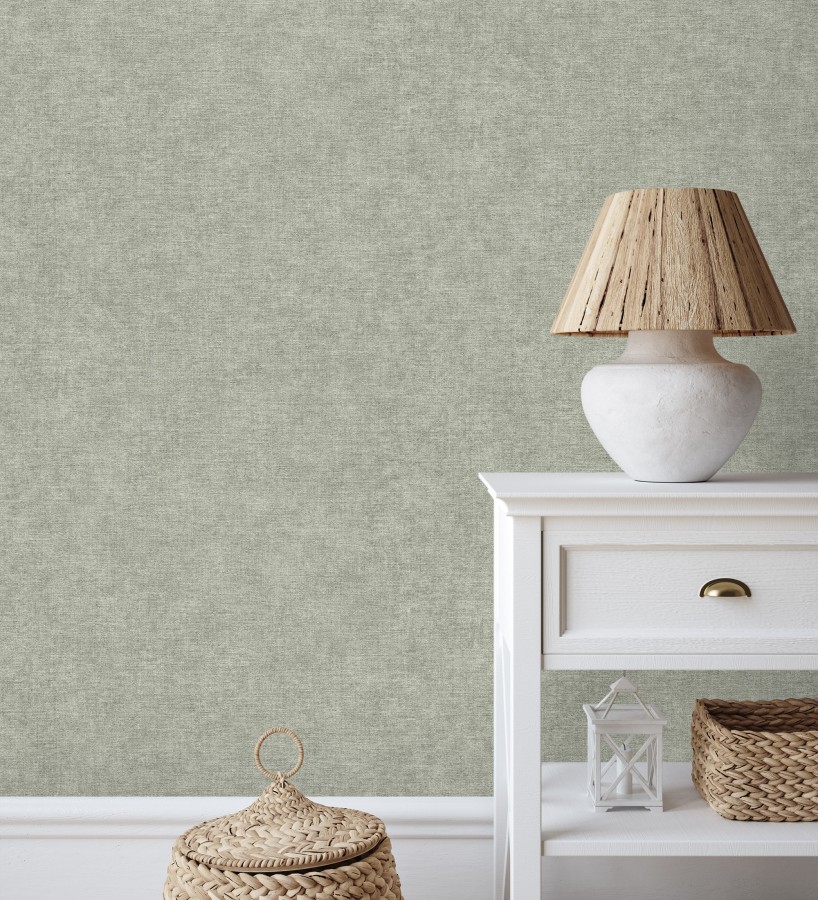Papel pintado liso verde salvia efecto textil hilos de lino y algodón  Raffton Indigo 685302