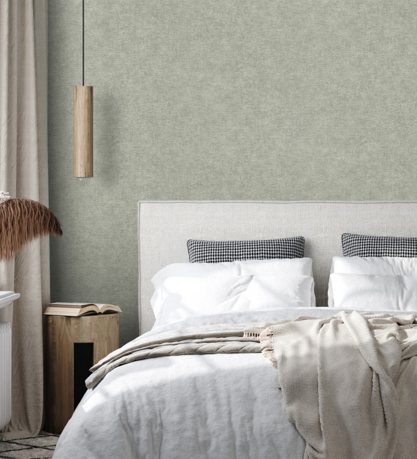 Papel pintado liso verde salvia efecto textil hilos de lino y algodón  Raffton Indigo 685302