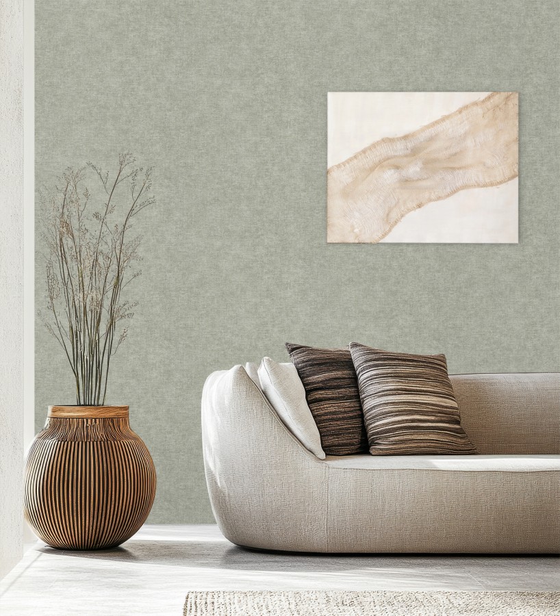 Papel pintado liso verde salvia efecto textil hilos de lino y algodón  Raffton Indigo 685302