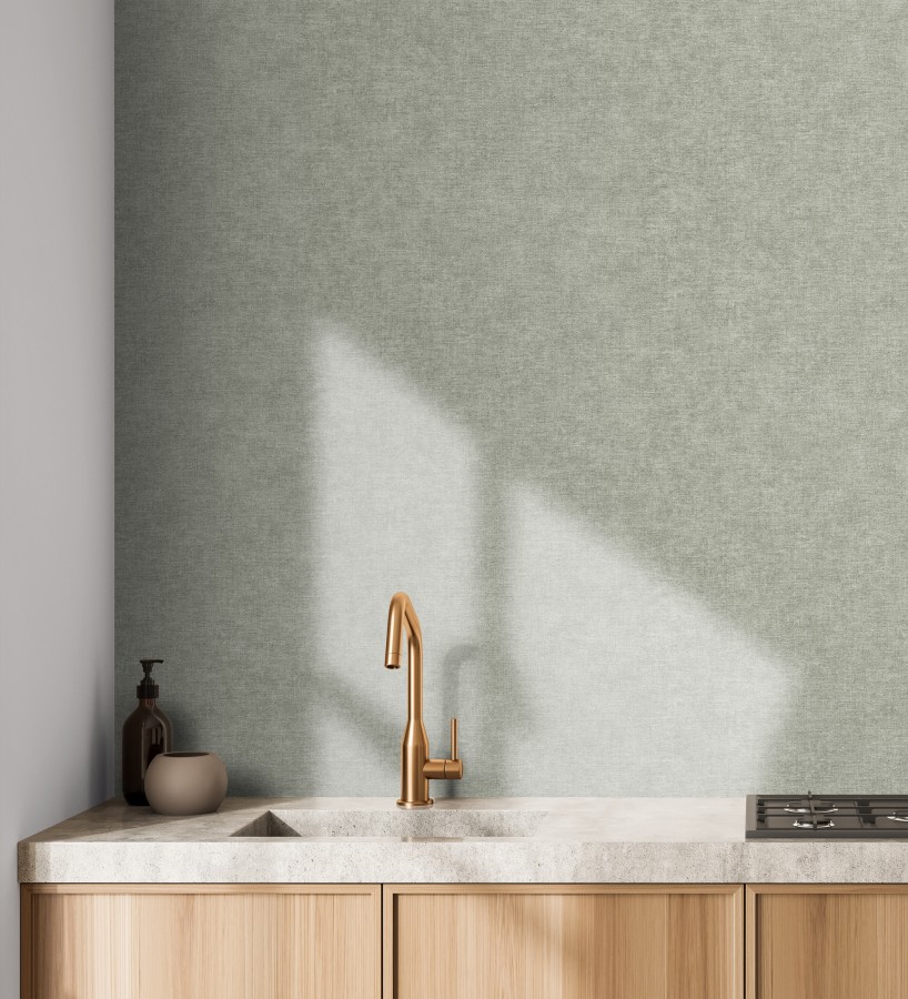 Papel pintado liso verde salvia efecto textil hilos de lino y algodón  Raffton Indigo 685302