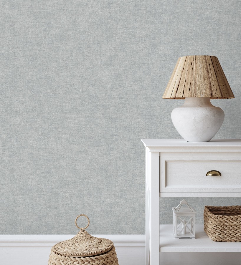 Papel pintado liso azul bruma efecto textil hilos de lino y algodón  Raffton Indigo 685303