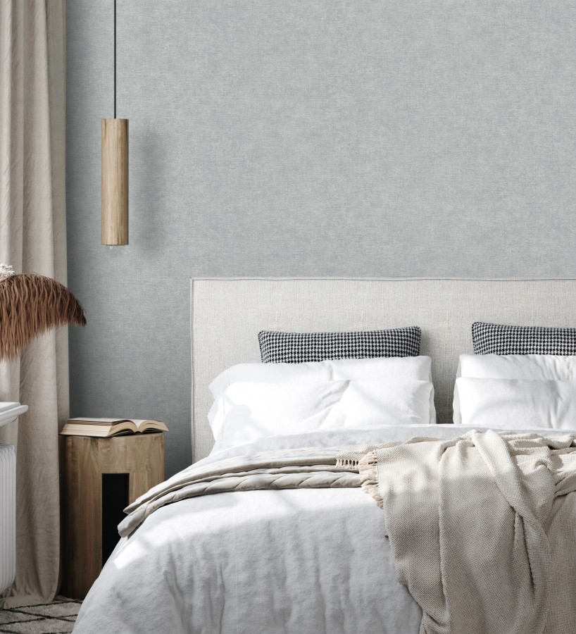 Papel pintado liso azul bruma efecto textil hilos de lino y algodón  Raffton Indigo 685303