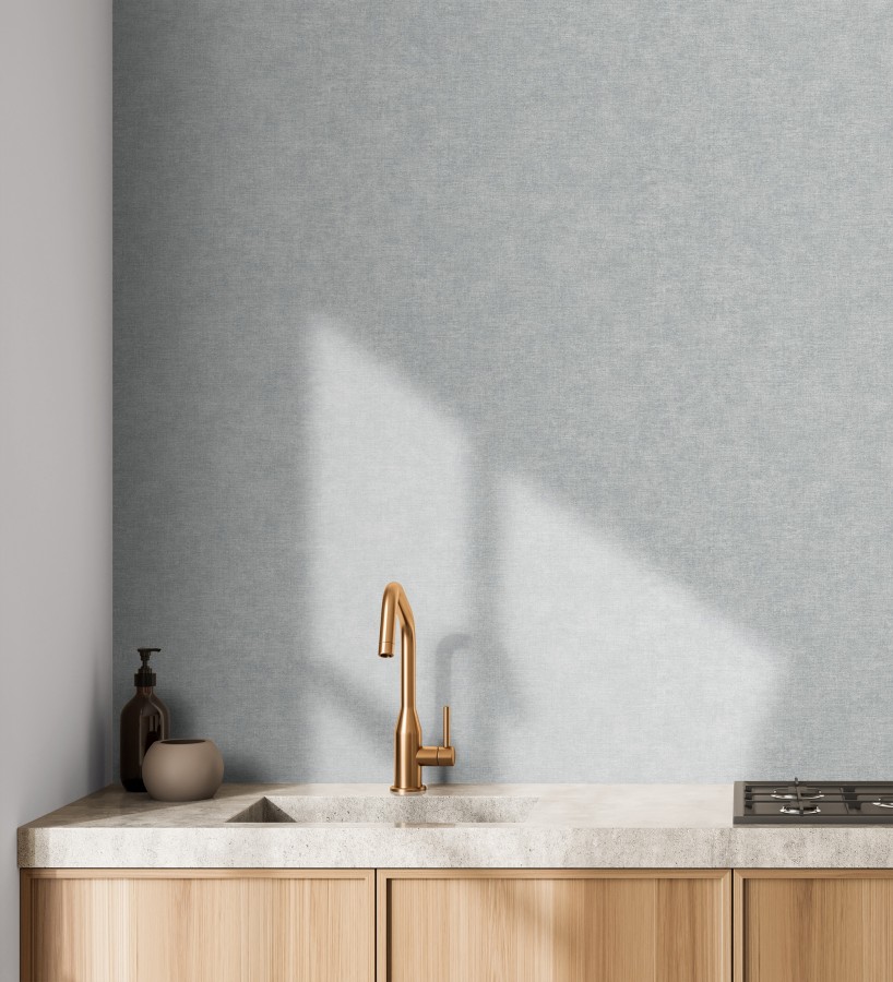Papel pintado liso azul bruma efecto textil hilos de lino y algodón  Raffton Indigo 685303