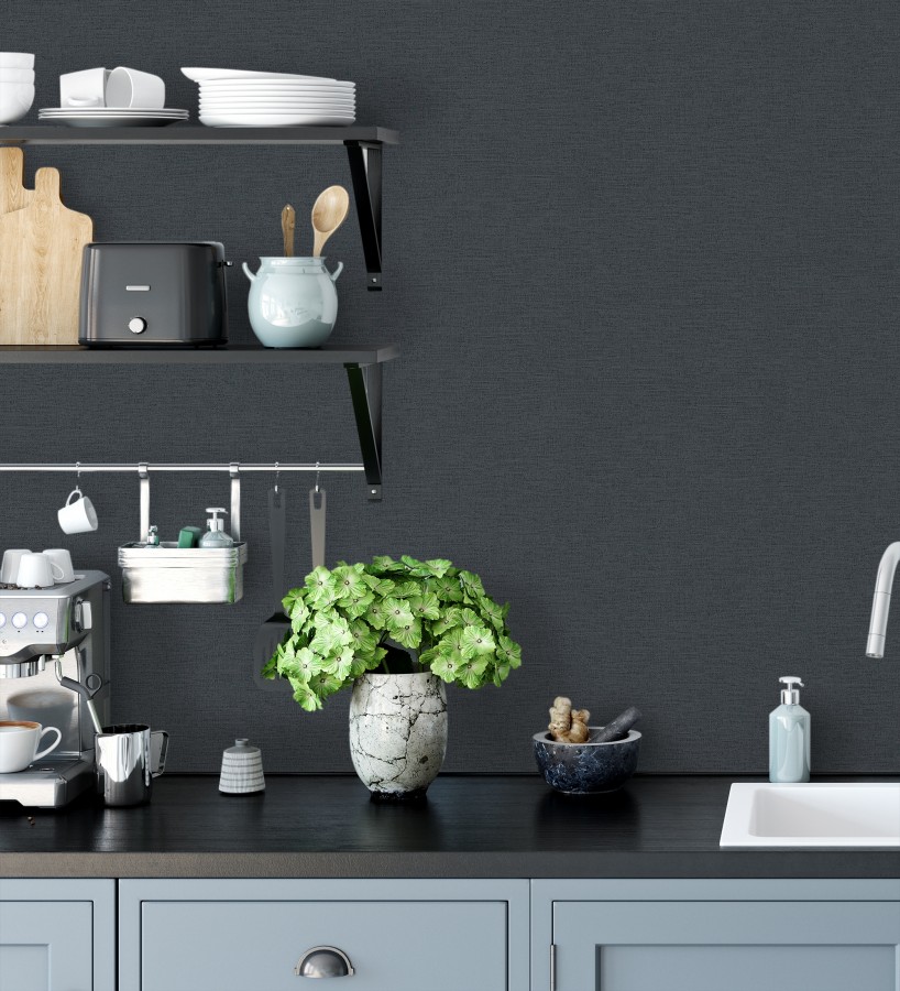 Papel pintado liso con textura lienzo pintado color gris pizarra intenso  Brighton Teal 685304