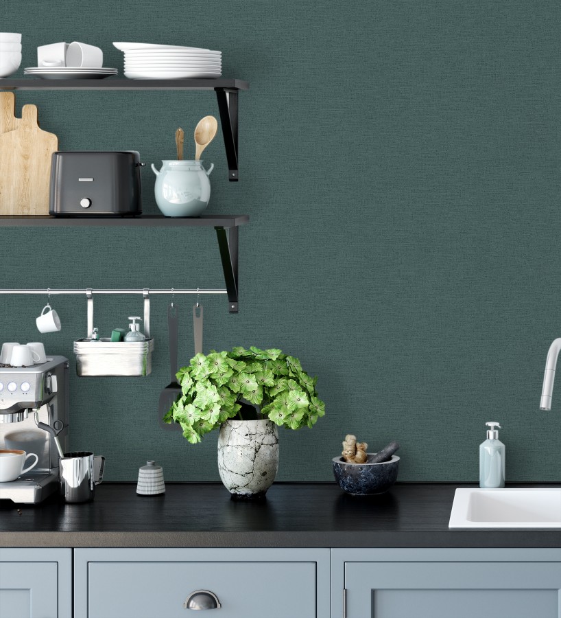 Papel pintado liso con textura lienzo pintado color verde océano  Brighton Teal 685308