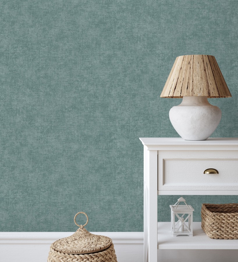 Papel pintado liso tonos turquesa efecto textil hilos de lino y algodón  Raffton Indigo 685309