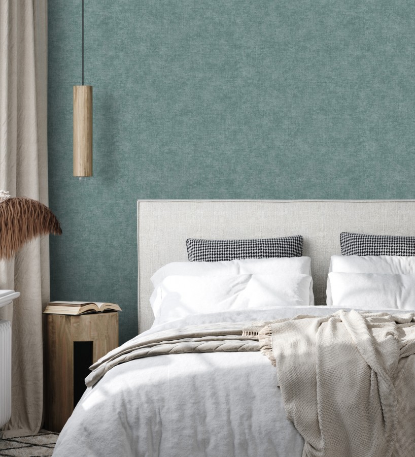 Papel pintado liso tonos turquesa efecto textil hilos de lino y algodón  Raffton Indigo 685309
