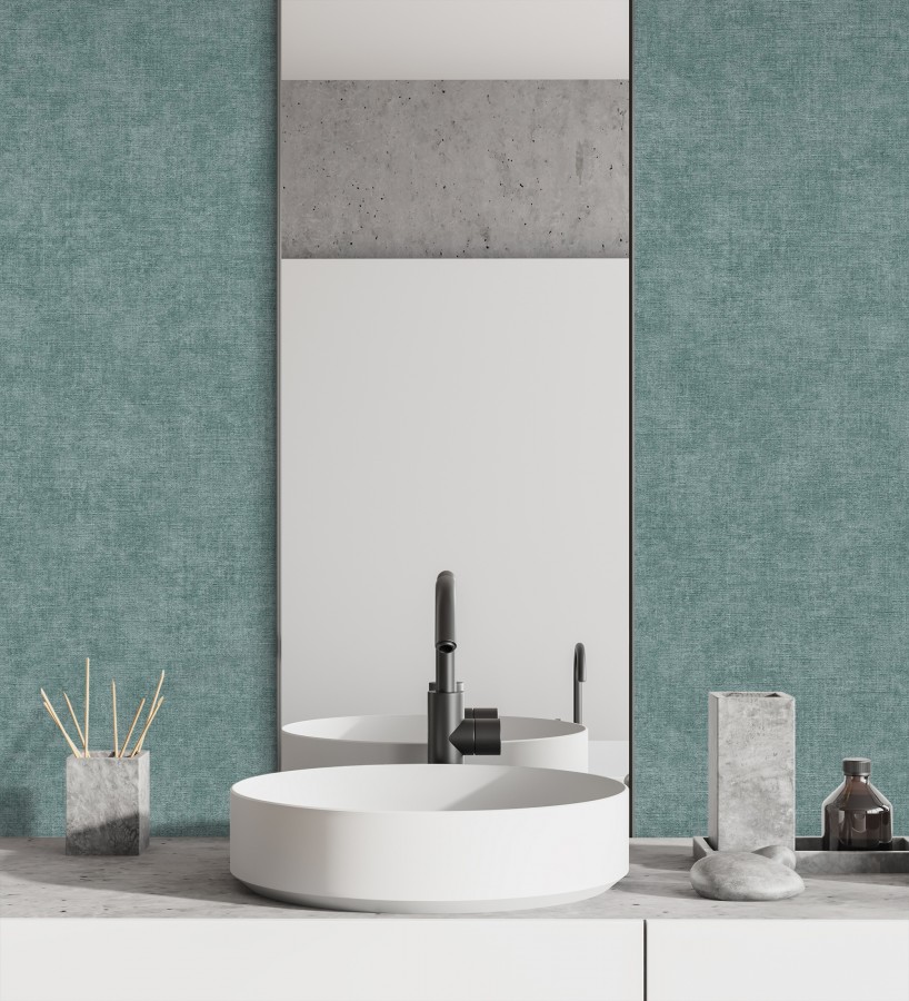 Papel pintado liso tonos turquesa efecto textil hilos de lino y algodón  Raffton Indigo 685309