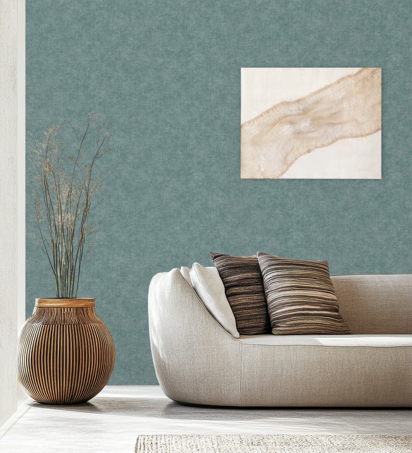 Papel pintado liso tonos turquesa efecto textil hilos de lino y algodón  Raffton Indigo 685309