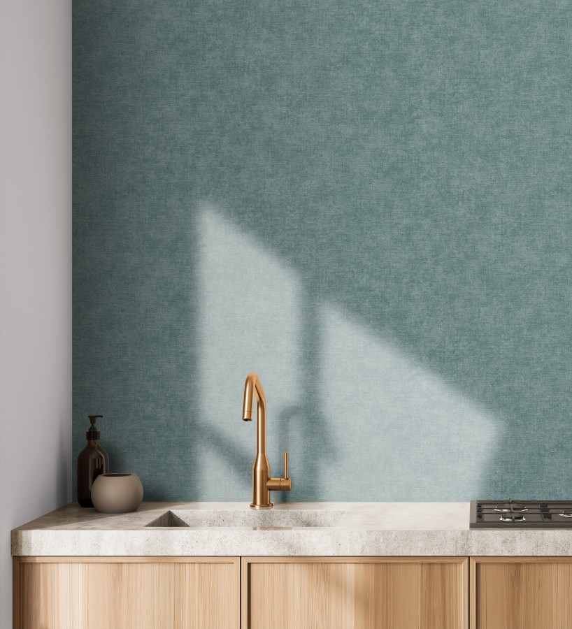 Papel pintado liso tonos turquesa efecto textil hilos de lino y algodón  Raffton Indigo 685309