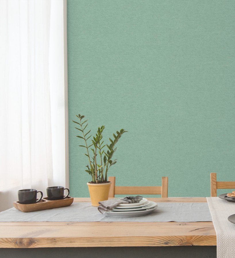 Papel pintado liso con textura lienzo pintado color verde menta  Brighton Teal 685313