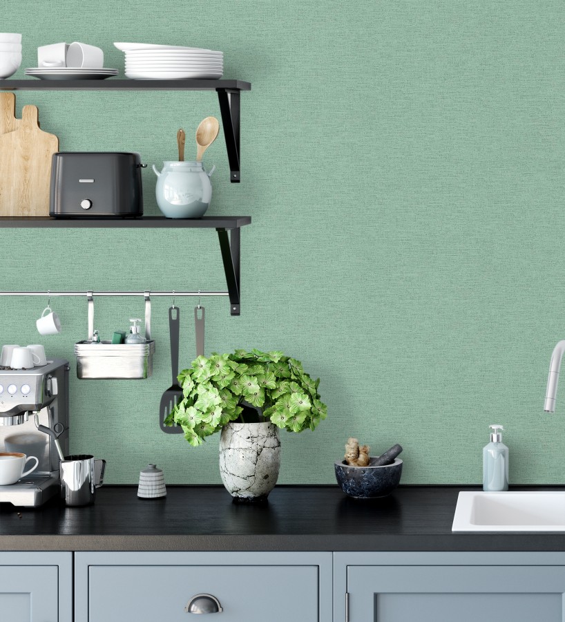 Papel pintado liso con textura lienzo pintado color verde menta  Brighton Teal 685313