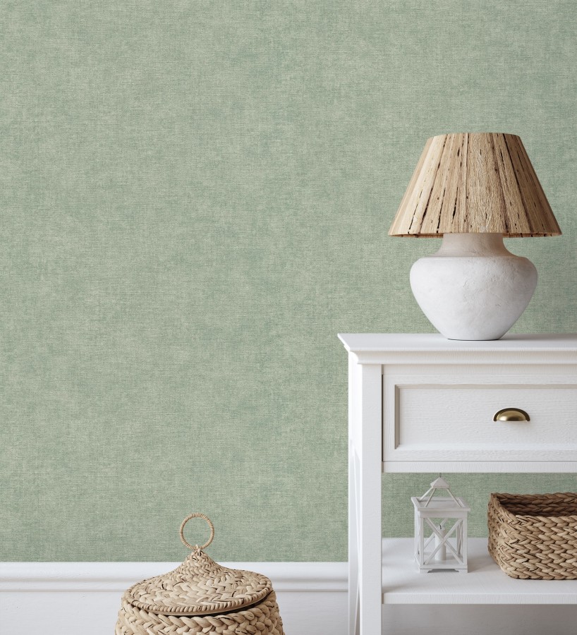 Papel pintado liso verde mineral efecto textil hilos de lino y algodón  Raffton Indigo 685315