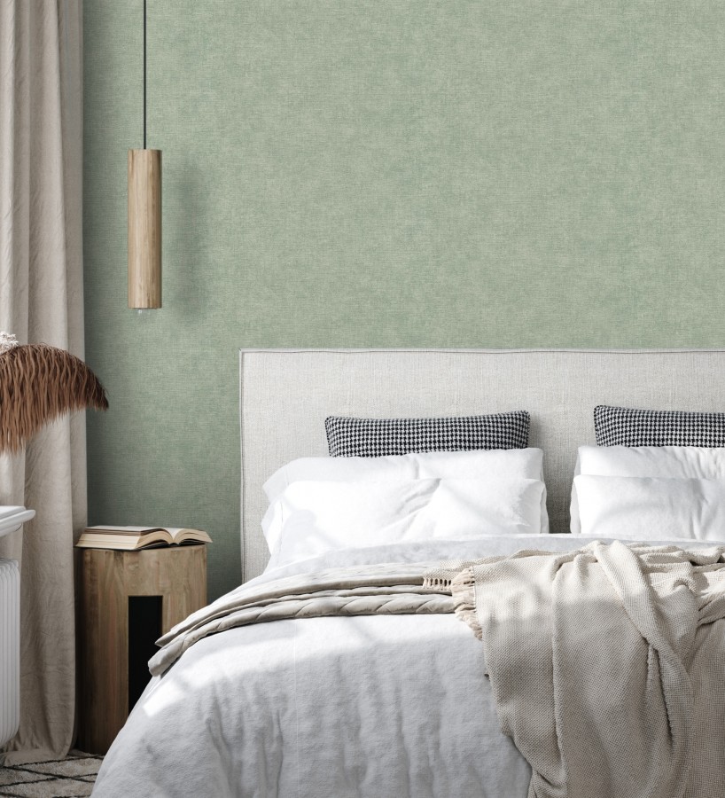 Papel pintado liso verde mineral efecto textil hilos de lino y algodón  Raffton Indigo 685315