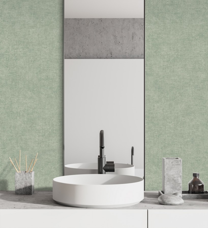 Papel pintado liso verde mineral efecto textil hilos de lino y algodón  Raffton Indigo 685315