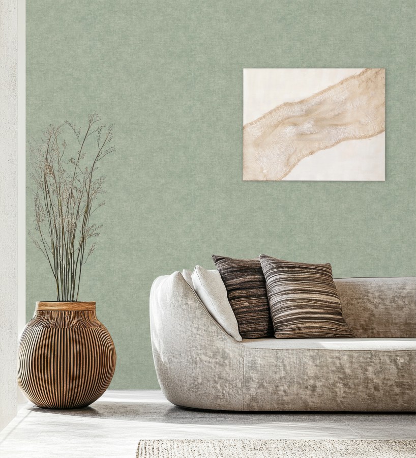 Papel pintado liso verde mineral efecto textil hilos de lino y algodón  Raffton Indigo 685315