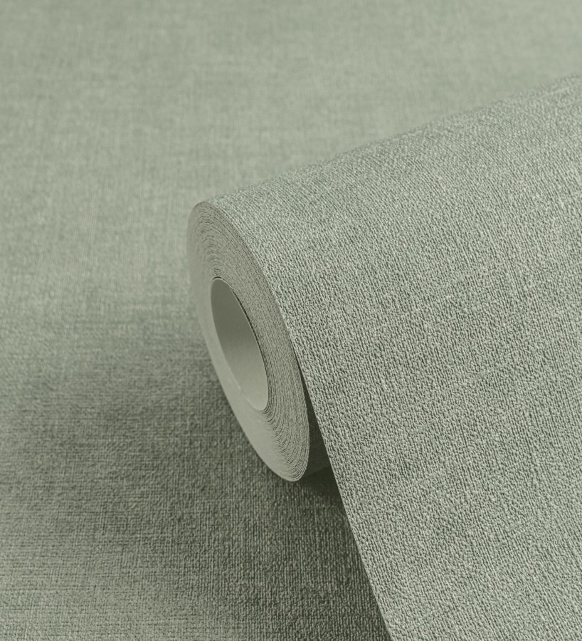 Papel pintado liso verde eucalipto efecto textil hilos de lino y algodón  Raffton Indigo 685317