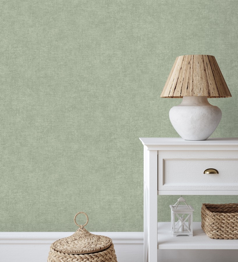 Papel pintado liso verde eucalipto efecto textil hilos de lino y algodón  Raffton Indigo 685317