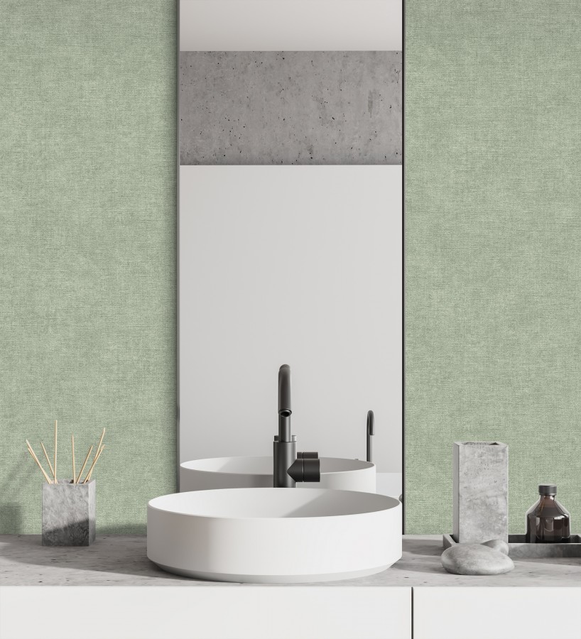 Papel pintado liso verde eucalipto efecto textil hilos de lino y algodón  Raffton Indigo 685317