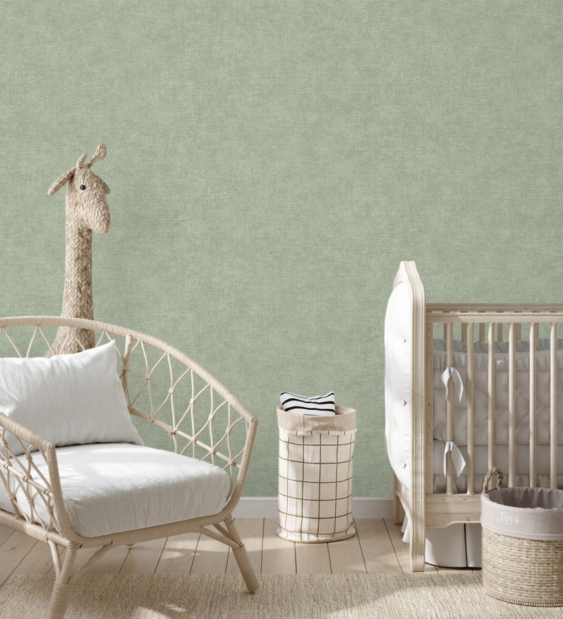Papel pintado liso verde eucalipto efecto textil hilos de lino y algodón  Raffton Indigo 685317