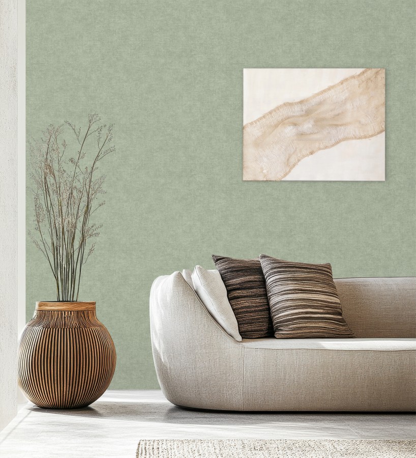 Papel pintado liso verde eucalipto efecto textil hilos de lino y algodón  Raffton Indigo 685317