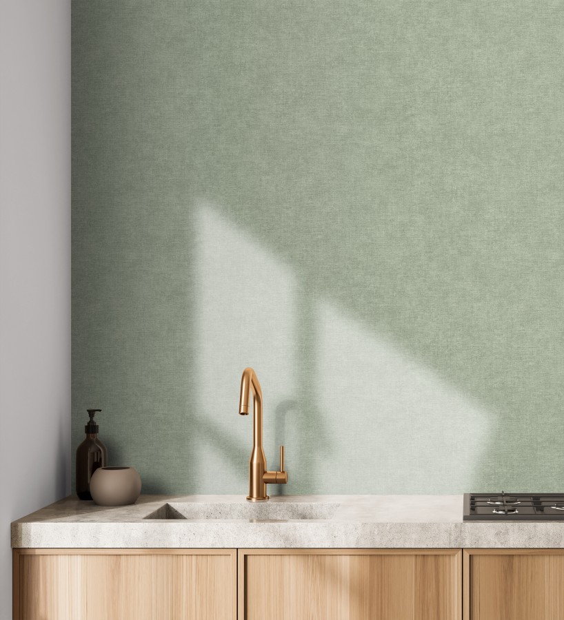 Papel pintado liso verde eucalipto efecto textil hilos de lino y algodón  Raffton Indigo 685317