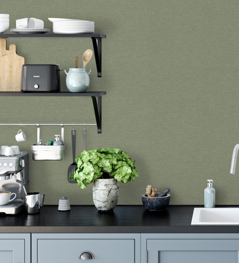 Papel pintado liso con textura lienzo pintado verde liquen grisáceo  Brighton Sage 685318