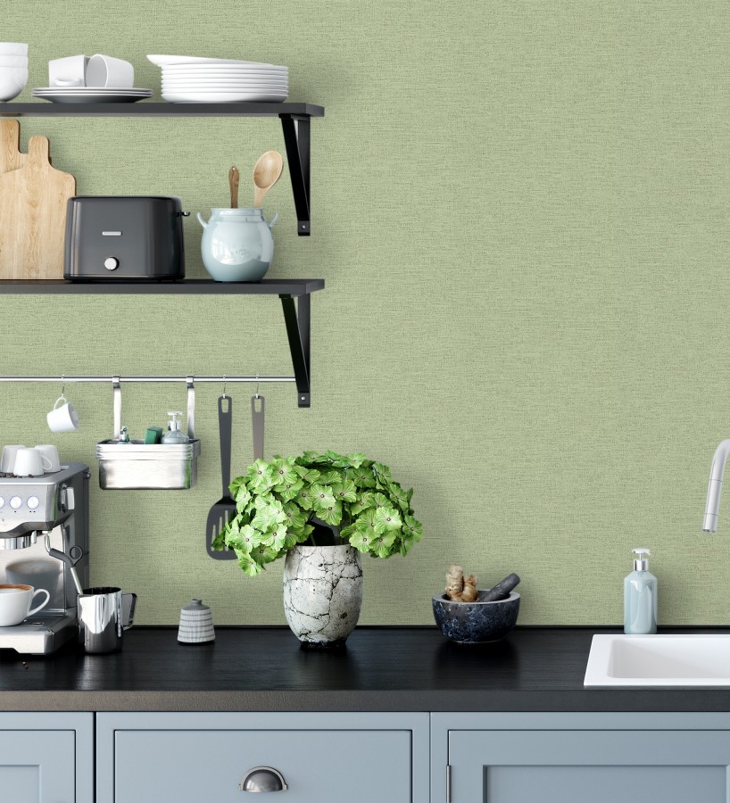 Papel pintado liso con textura lienzo pintado verde pistacho pálido  Brighton Sage 685319