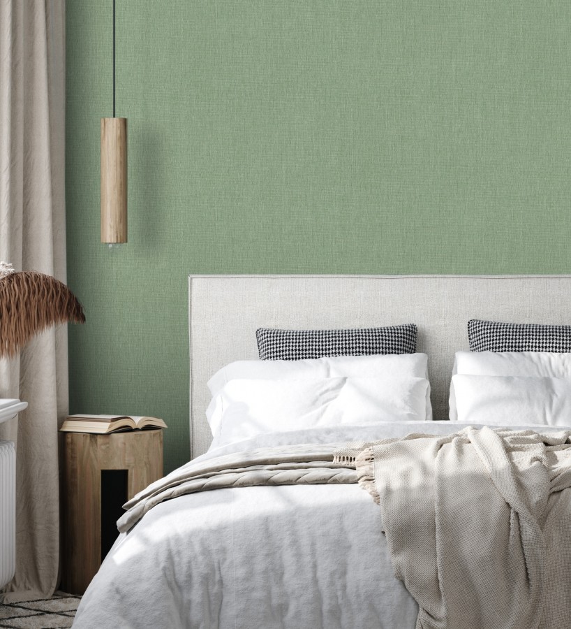 Papel pintado liso de microfibras textiles tintadas verde liquen  Melbourne Colour 685321