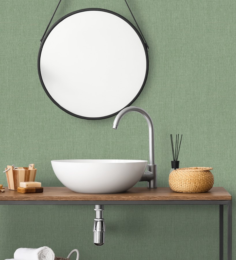Papel pintado liso de microfibras textiles tintadas verde liquen  Melbourne Colour 685321
